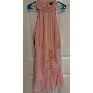Smoke Halter Dress Swiss Dot Ruffle Trim Drawstring Waistโ Pink Size M